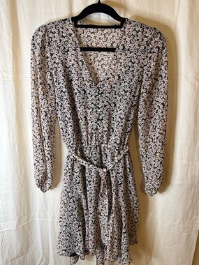 White House Black Market Pink and Black Floral Long-Sleeve Dress